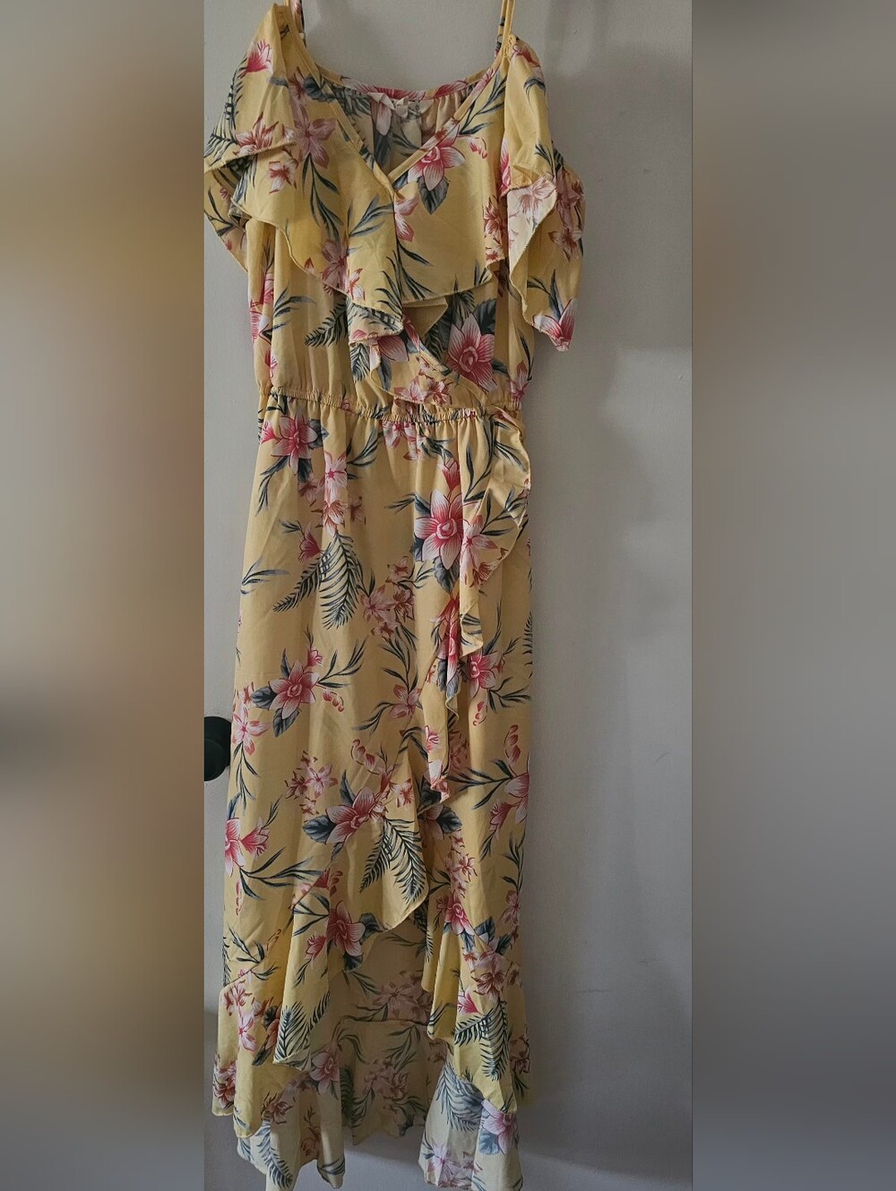 Yellow Floral Wrap Dress with Ruffle Trim